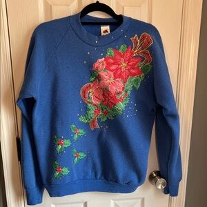 Vintage Blue Sweatshirt with Festive Floral Appliqué